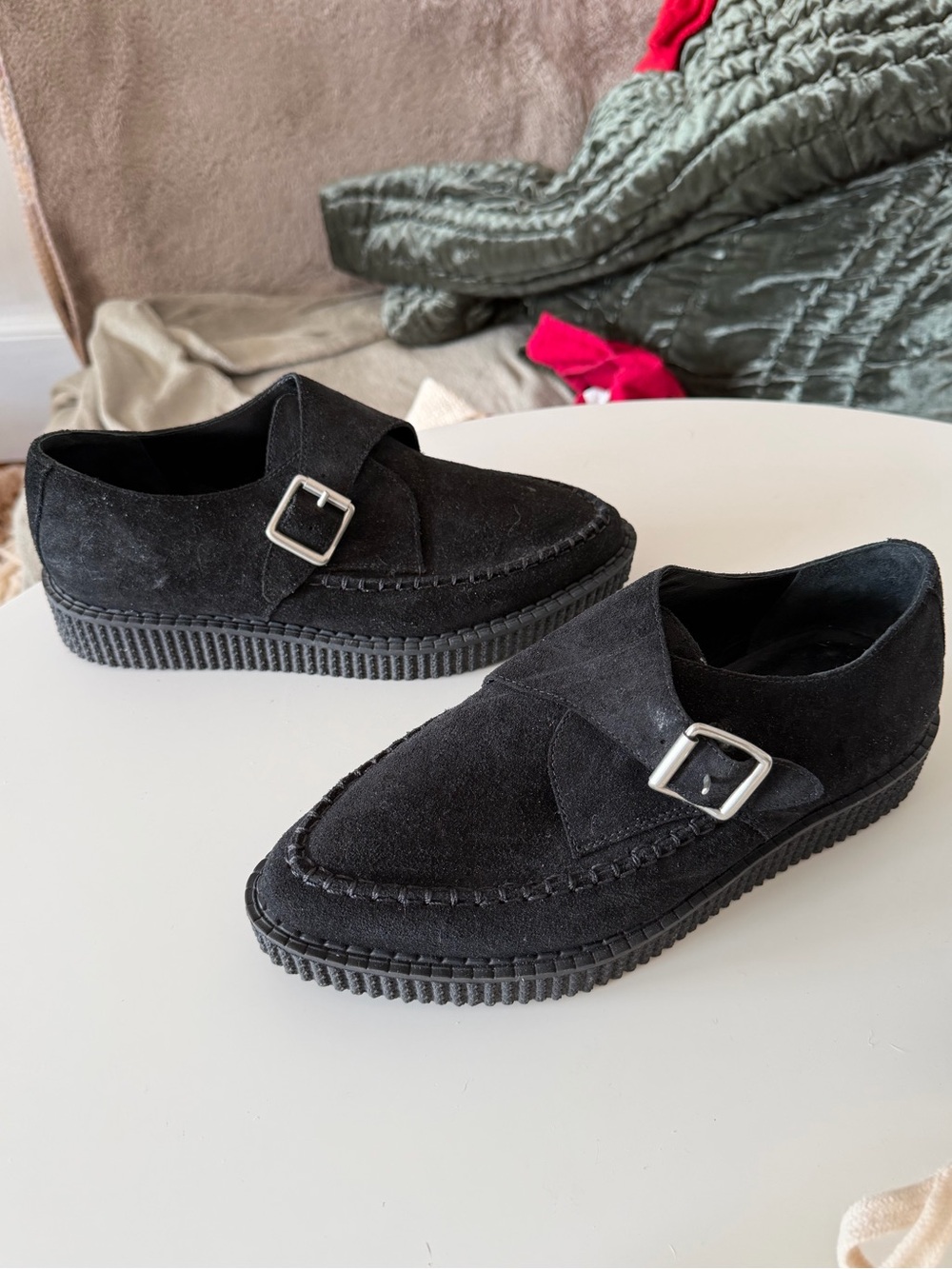 Re/Done Black Suede Slip-On Platform Loafers